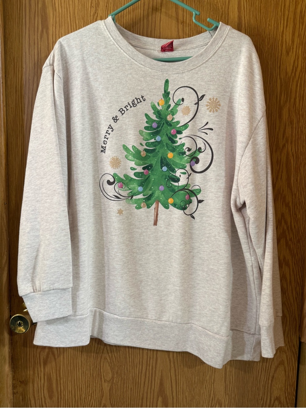 Cream Crewneck Sweater with Green Christmas Tree Graphic